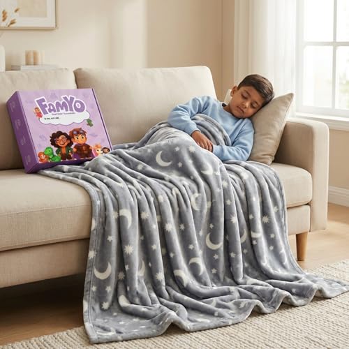 Image of Famyo Moon Stars Glow Blanket for Gifting for Kids | Birthday Gift for 0-15 yrs| AC Blanket for Children | Return Gifts, Party Favour | Perfect for Gifting for Niece /Nephew /Son /Daughter (Grey)
