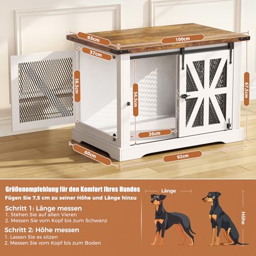 Hundekäfig, 110 cm Hundebox, Dreitüriger Hundekäfig für zu Hause, Schiebetür, Modernes Holz-Hundehäuschen, Mittlere und Große Hunde, Verstärktes Eisennetz, 110x74x81 cm, Weiß