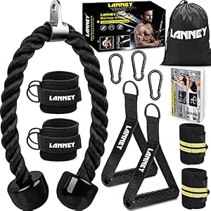 Tricep touw kabel machine bevestiging, 35″ Triceps Pull Down Rope LAT Pulldown Attachments, Home Gym Accessoires Set met weerstandsbanden handvat, enkelbanden, karabijnhaak, pols wraps voor oefening