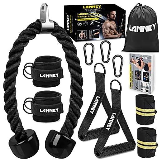Tricep Rope Cable Machine Attachment, 35" Triceps Pull Down Rope LAT Pulldown Attachments, Home Gym Accessories Set with Resistance Bands Handle, Ankle Straps, Carabiner, Wrist Wraps for Exercise
