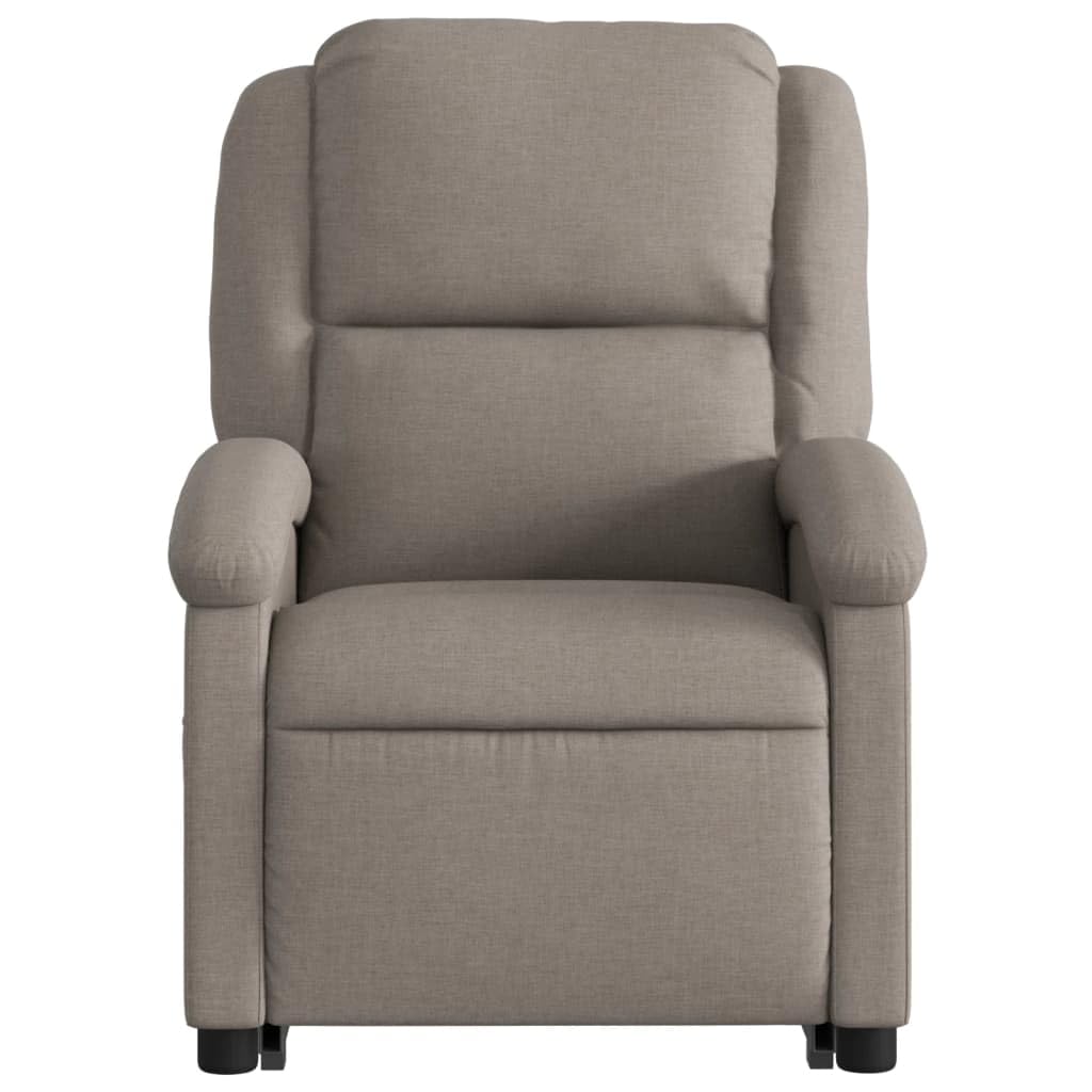 Sillón elevador eléctrico reclinable de tela color pardo con motor para elevación e inclinación automática, respaldo ajustable y reposapiés, estructura estable