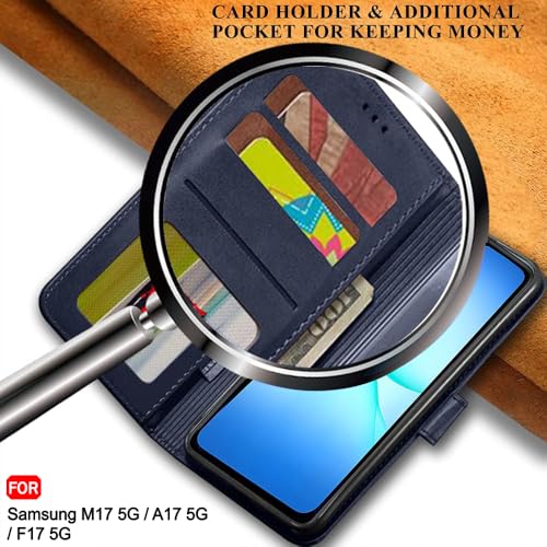 Image of TheGiftKart Flip Cover Back Case for Samsung Galaxy M17 5G / A17 5G / F17 5G | Genuine Leather Finish | Designer Button | Inbuilt Pockets & Stand | Flip Cover Back Cover Case (Faux Leather, Blue)