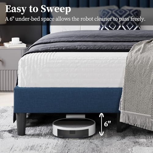 Image of Yaheetech Full Bed Frame with Headboard, Navy Blue Channel-Tufted Platform