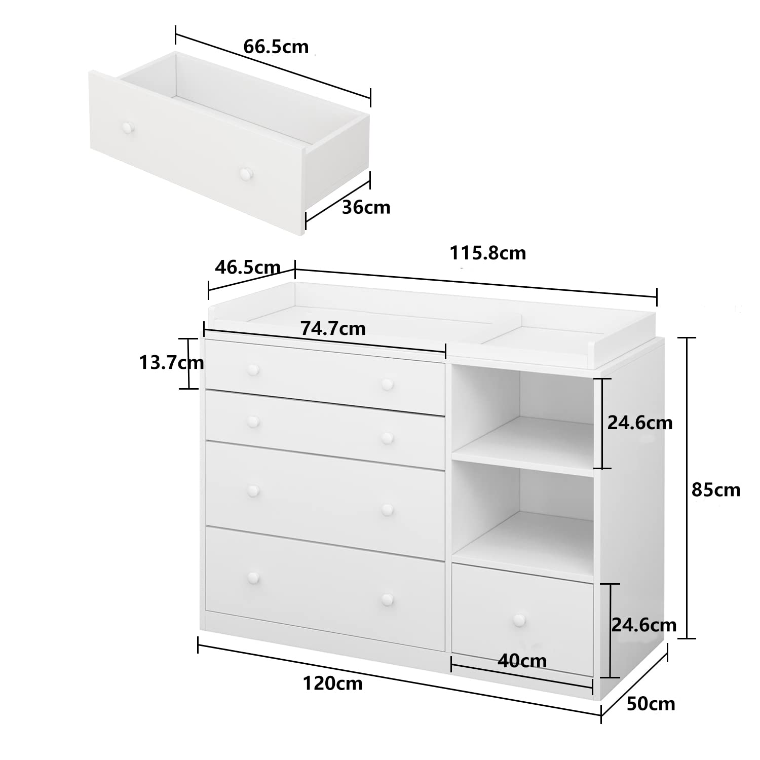 Commode à langer bébé,Table blanche,Table à langer bébé,5 tiroirs et étagères,Compariment ouvert,Meuble à bébé pour la chambre de bébé,116x47x85cm,Blanc