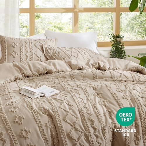 Image of Bedsure Tufted Boho Comforter Set King Size - Light Brown Boho Bed Set, GentleSoft 3 Pieces Farmhouse-Style Embroidery Bedding, Gifts for Woman, Soft Jacquard Kids' King Comforter for All Seasons