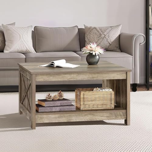 DWVO Square Coffee Tables for Living Room Farmhouse Coffee Table with Storage, 2-Tier Wood Center Table with Half Open Storage Compartment for Home Decor, Office, Rustic Grey