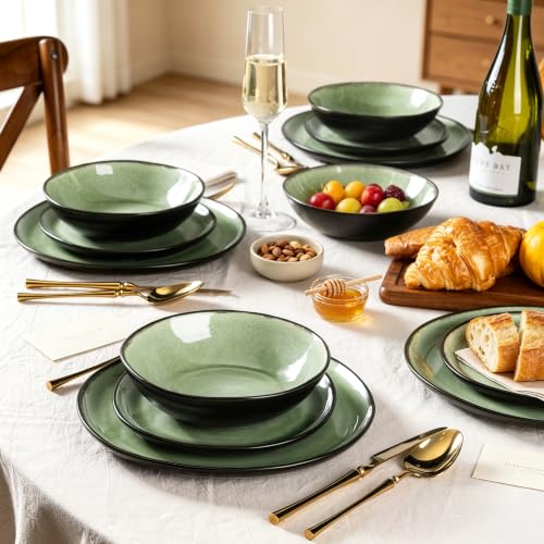 Image of AmorArc Ceramic Dinnerware Sets for 4, 12Pcs Plates and Bowls Sets Dishes | Stoneware Handmade Reactive Glaze Dinner Set, Highly Scratch Resistant | Dishwasher & Microwave Safe Dishware