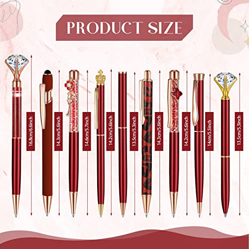 Image of Janmini Metal Crystal Glitter Ballpoint Pen Set 9 Pcs Black Ink Cute Cute Things Novelty Gifts for Women Girls Birthday Home Office (Wine Red)