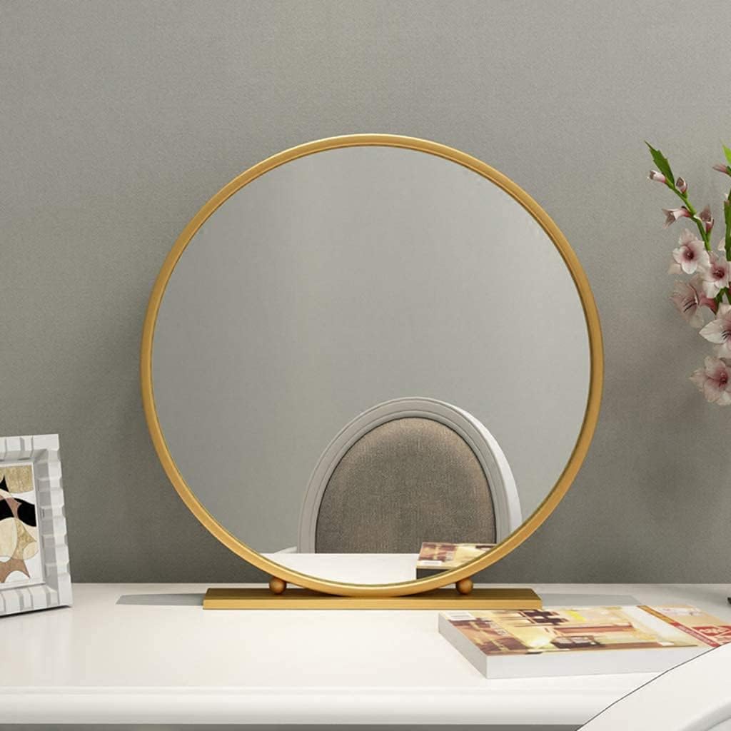 Gold Round Mirror with Base, Large Mirrors for Dressing Table Decor, 15.7-27.5in Big Metal Frame Standing Mirror, Modern Vanity Mirror (Size : Diameter 40cm(()
