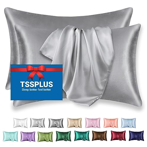 TSSPLUS King Size Pillow Cases Set of 2, Satin Pillowcase, Soft Pillow for Hair and Skin, Anti Acne, Wrinkle, Cooling with Envelope Closure, Gifts for Women Men (King, Silver Grey-2pcs)