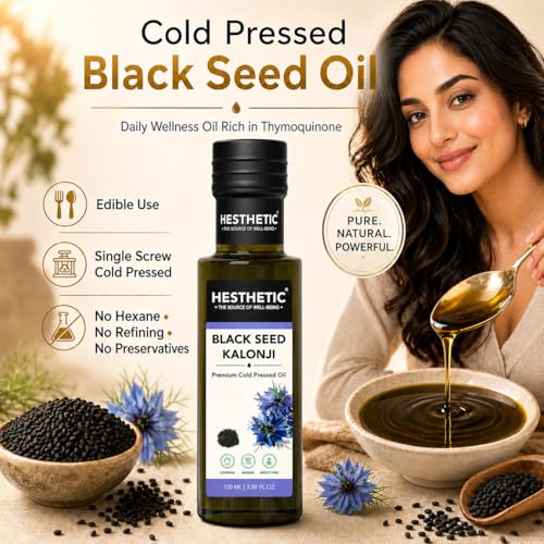 Image of HESTHETIC Cold Pressed Black Seed Oil 100ml | Pure Kalonji (Mangraila Tel) Edible Virgin Oil | High-Thymoquinone Food-Grade Nigella Sativa for Cooking, Salad & Daily Wellness | Glass Bottle
