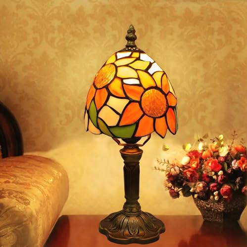 BMXKPO Tiffany Style Table Lamp,Sunflower Stained Glass Lamp,6 Inch Small Antique Bedside Lamp, for Bedroom Living Room Home,Included Dimmable LED Bulb 8W
