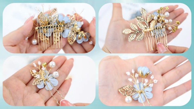 20 Pack Flower Hair Side Combs Pins Set Handmade Alloy Rhinestones Pearl Twist 20 Pack Classy Dusty Blue Flower Bridal Wedding Hair Side  main image 4