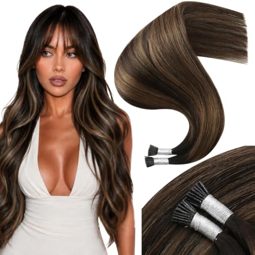 Moresoo I Tip Hair Extensions Human Hair, Brown Chestnut Balayage, 18 Inch