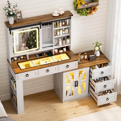 Lvifur RGB Vanity Desk - with Mirror and Lights,7 Dynamic & 24 Static Dimmable Vanity Table Set with Charging Station,Human Sensor LED Vanities w/Glass Top,6 Drawers,Stool,Grey