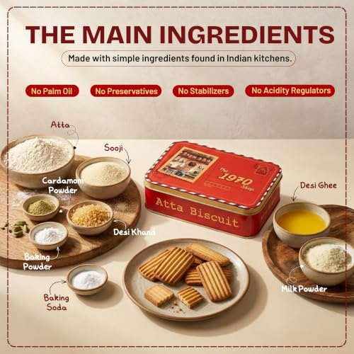 Image of The 1970 Shop 100% Atta Biscuit | Made in Desi Ghee | 0% Maida | No Preservatives | No Palm Oil | Authentic Indian Snack | Atta Biscuit For Healthy Tea Snacking | Premium Handmade Cookies | Eggless & Vegetarian | 200g | Pack Of 6