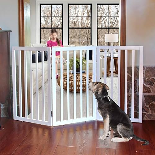 Image of Belief Foldable Wooden Pet Gate for Dogs & Cats - Indoor Safety Barrier for Doorways, Hallways & Stairs | Free-Standing, Portable White Dog Fence - 3 Panel, 60 cm Height (【3 Panels 】 59''W x 30''H)