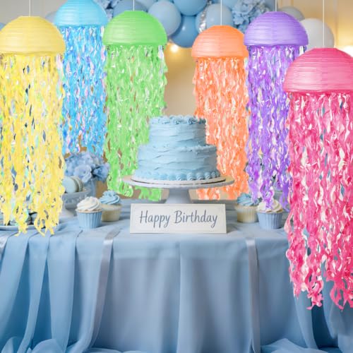 Image of Jellyfish Paper Lanterns 6 Pacs Under The Sea Party Decorations Mermaid Party Baby Shower Decorations Blue Hanging Jelly Fish for Ocean Spongebob Birthday Party Decorations (Neon)