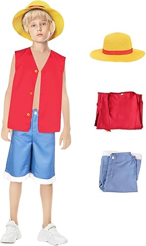 Camisa de disfraz para niños, disfraz de anime, color rojo, sin mangas, pantalones cortos, sombrero, trajes