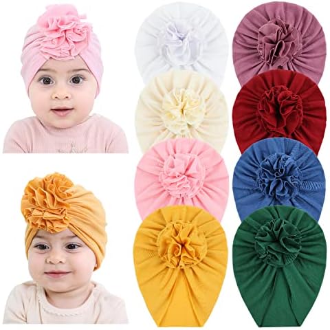 Cinaci 8 Pack Soft Cotton Solid Turban Hats Caps Beanies Headwraps with Big Flower Bow for Baby Girls Infants Toddlers Kids Cover