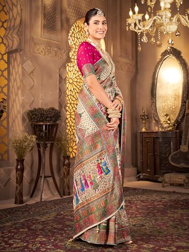 Image of Glory Sarees Women's Luxurious Dola Pure Silk Original Saree Position Print Work Madhubani Inspired Motifs Banarasi Kanjivaram Style Saree With Blouse Piece (Elegant101 Parent)
