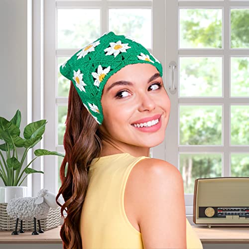 Yanmucy 2 PCS Crochet Hair Bandanas for Women Boho Floral Head Scarf Crocheted Triangle Head Scarf Vintage Flowers Hair Scarf4