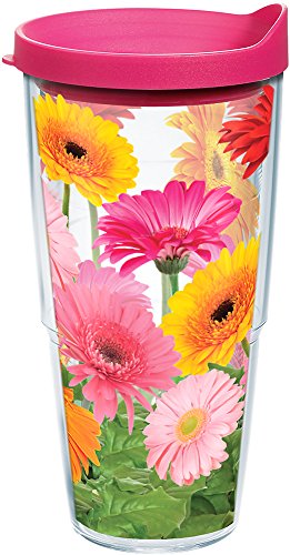 Tervis 1076395 Gerbera Daisies Tumbler with Wrap and Fuchsia Lid 24oz, Clear