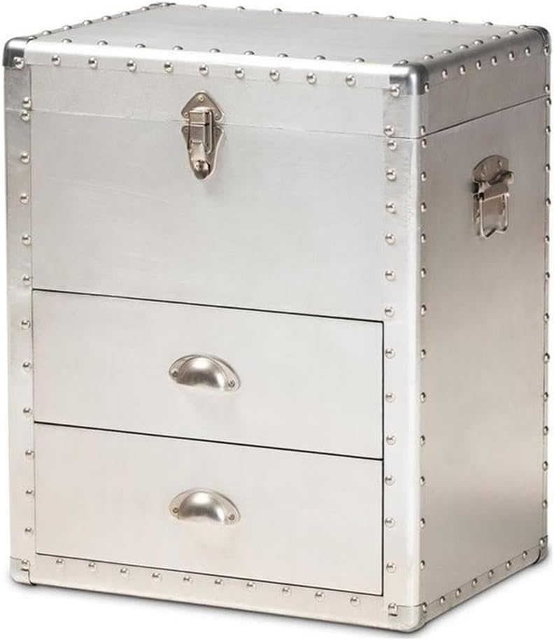 BOWERY HILL 2-Drawer Mid-Century Metal Accent Storage Chest, 23.23 in H x 19.09 in W x 13.98 in D, Wood and Metal Construction, Silver Finish, Lift-Top Compartment, Rivet Embellishments for Living