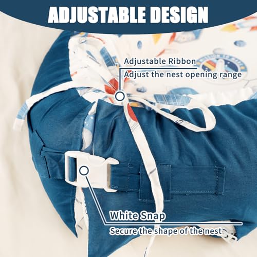Image of Baby Lounger Cover for Boys Girls, Reversible Baby Nest Cover, Adjustable Baby Lounger Replaceable Cover for Infant Newborn, Portable and Machine Washable, Cotton Blue Rocket Cover Only