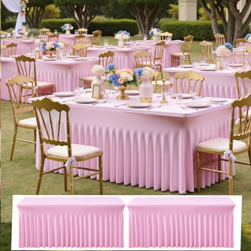 Image of NSSONBEN 2 pk Baby Pink Spandex Tablecloth 6ft with Ruffle Table Skirt, Wrinkle Free Stretchy Fitted Tablecloths for 6 Foot Rectangle Tables, Elastic Spandex Table Covers for Weddings Parties Banquet
