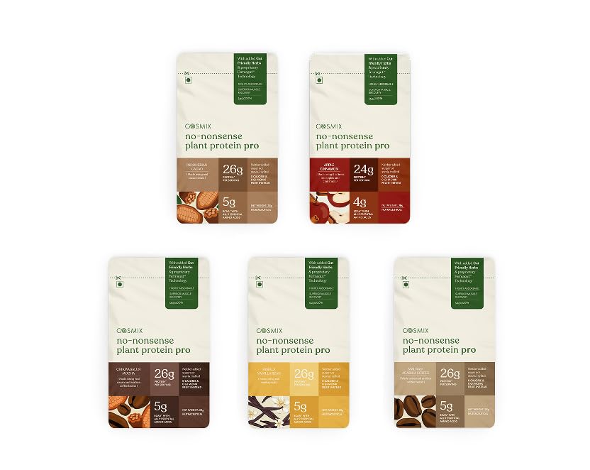 Image of Cosmix No-Nonsense Yeast Protein 38g Assorted (Pack of 5 Sachets) | 24g Protein /Serve | Chikmagalur Mocha, Indonesian Cacao, Kerala Vanilla Bean, Malnad Arabica Coffee, Apple Cinnamon | Easy to Digest