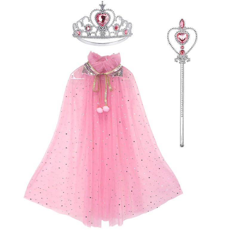Image of Princess Cape for Girls - Colorful Sequin Cloak with Crown and Wand for Birthday, Halloween, Fancy Dress & Carnival