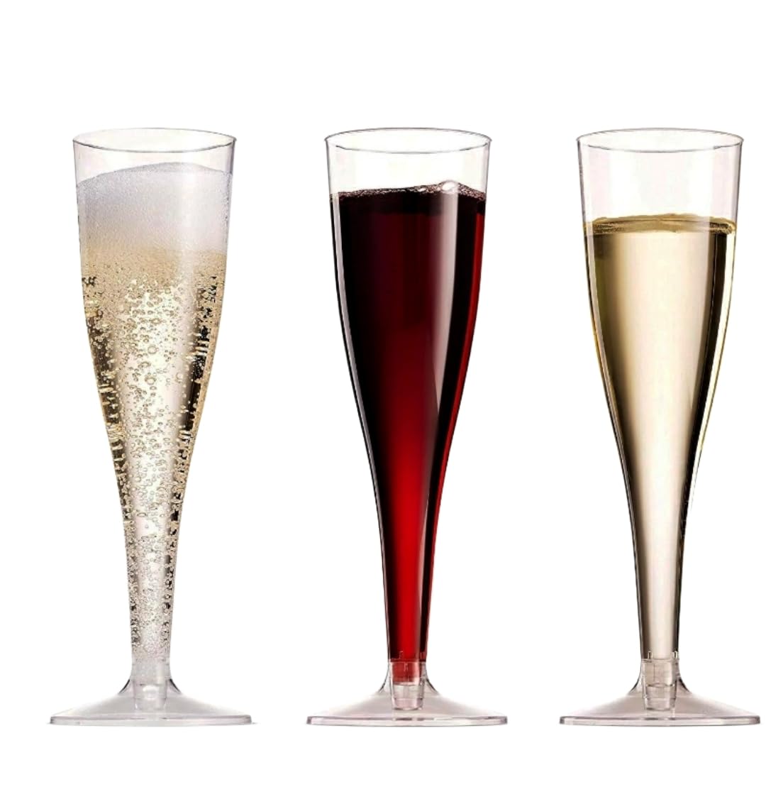 TemBe 100 copas de champán de plástico desechables, vasos de tostado de 5 onzas para decoración, bodas, cumpleaños, fiestas de despedida de soltera, calidad premium y reutilizables (transparente)