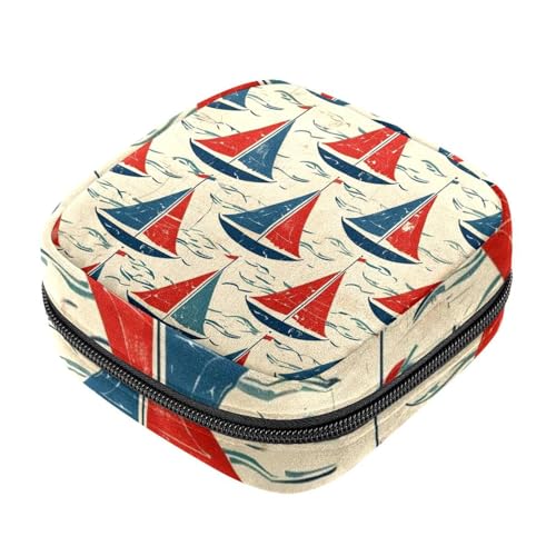 Sanitary Napkin Storage Bags, Blue and Red Sailboat Menstrual Pad Bag Oxford Cloth Menstrual Cup Pouches Nursing Pad Tampon Period Bags with Zipper for Teen Girls Women Ladies