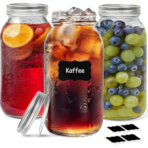 ComSaf Einmachgläser mit Schraubdeckel Einmachglas Klarglas mit Etiketten Mason Jar Gläser für Hobbykoch Getreide Einlegen Marmelade und Meal Prep Gläser Mason Jar/1920ml/3pcs