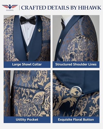 Hihawk Mens 3 Piece Floral Tuxedo, Jacquard Slim Suit Set, Paisley Blazer Vest and Pants with Bow Tie for Prom Wedding3