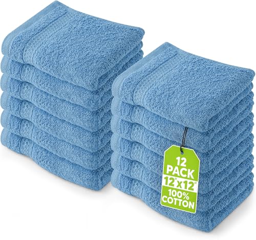 Image of Utopia Towels 12 Pack Premium Wash Cloths Set, 12 by 12 Inches, 100% Cotton Ring Spun, Highly Absorbent and Soft Feel Essential Washcloths for Bathroom, Spa, Gym, and Face, Electric Blue