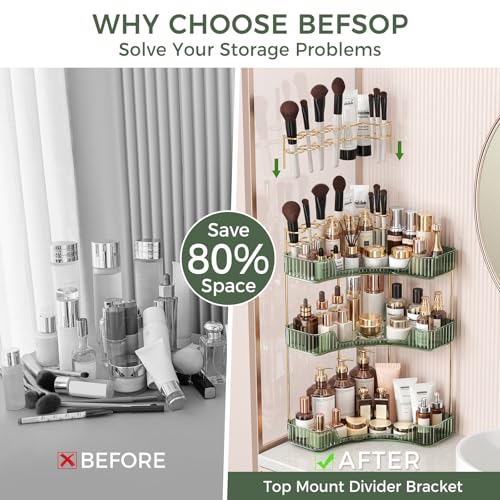 Image of BEFSOP Corner Bathroom Counter Organizer, Upgraded 3-Tier Makeup Organizer Countertop with Makeup Brush Holder, Skincare Exquisite Vanity Organizers Countertop Bathroom Storage Dresser(Green)