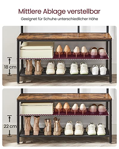 VASAGLE Kleiderständer, Garderobe, Garderobenständer mit Haken, Spiegel, Sitzbank, 35 x 98 x 180 cm, für Eingangsbereich, Schlafzimmer, Wohnzimmer, Industrie-Design, vintagebraun- schwarz HSR415B01