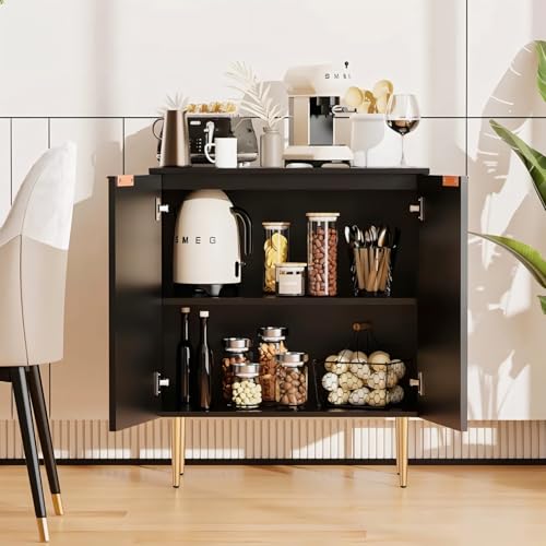 Image of Floated Panel Wooden Sideboard Cabinet | 2 Door Storage Unit with Metal Legs | Premium HDMR Wood Console Cabinet for Living Room, Kitchen & Dining | DIY Leg Assembly | Black