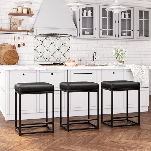 ALPHA HOME 24 Inch Counter Height Bar Stools Set of 3, Upholstered Bar Stools for Kitchen Island...