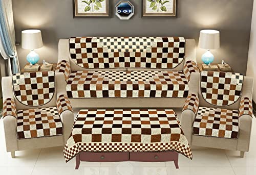 Image of SAWNA Homes 5 Seater Sofa Set with Center Table Cover for Living Comfort - 3 and 2 Seater Arm Cover Set for Home Sofa Couch - 16 Pcs Chenille Slip Cover for Furniture Protector, Coffee