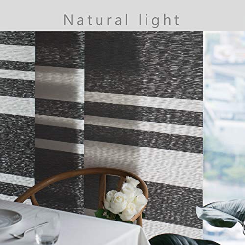 Godear Design Deluxe Adjustable Sliding Panel Track Blind 45.8"- 86" W X 96" H, Extendable 4-Rail Fabric Vertical Blind, Trimmable Pleated Natural Woven Fabric, Barcode Pattern, Shadow #TOP2