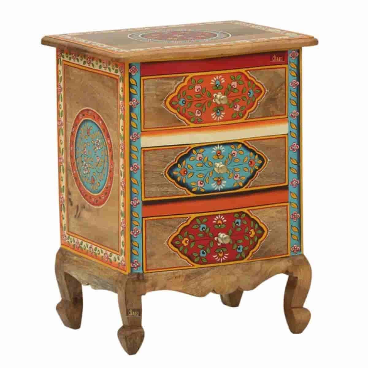 APRODZ Handpainted Bedside | Wooden Side Table with 3 Drawers | Wooden Storage Furniture | Nightstand | End Table for Bedroom & Living Room Furniture (Multicolour)-image-33