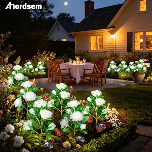 Image of Anordsem Solar Garden Lights Outdoor: 10 Waterproof Fabric Roses 2 Pack - White LED Flower Decorations for Yard Patio Path Cemetery Grave - Mother's Day Gift for Her Women Mom Wife