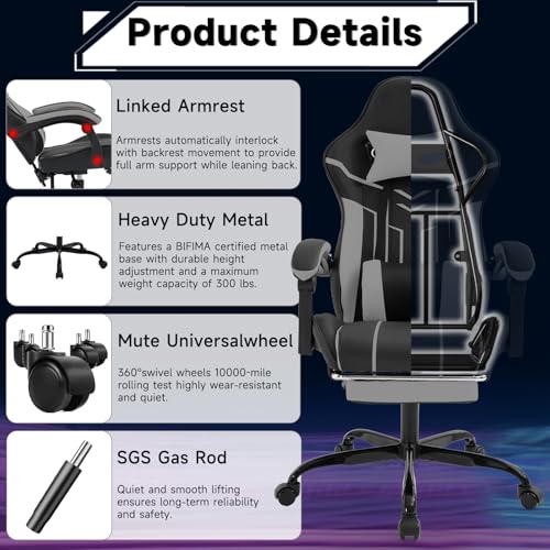 Image of Gaming Chair with Headrest and Lumbar Support, High Back Computer Office Desk Chair with Footrest, 360 Swivel Height Adjustable Recliner Game Chair (Gray Black)