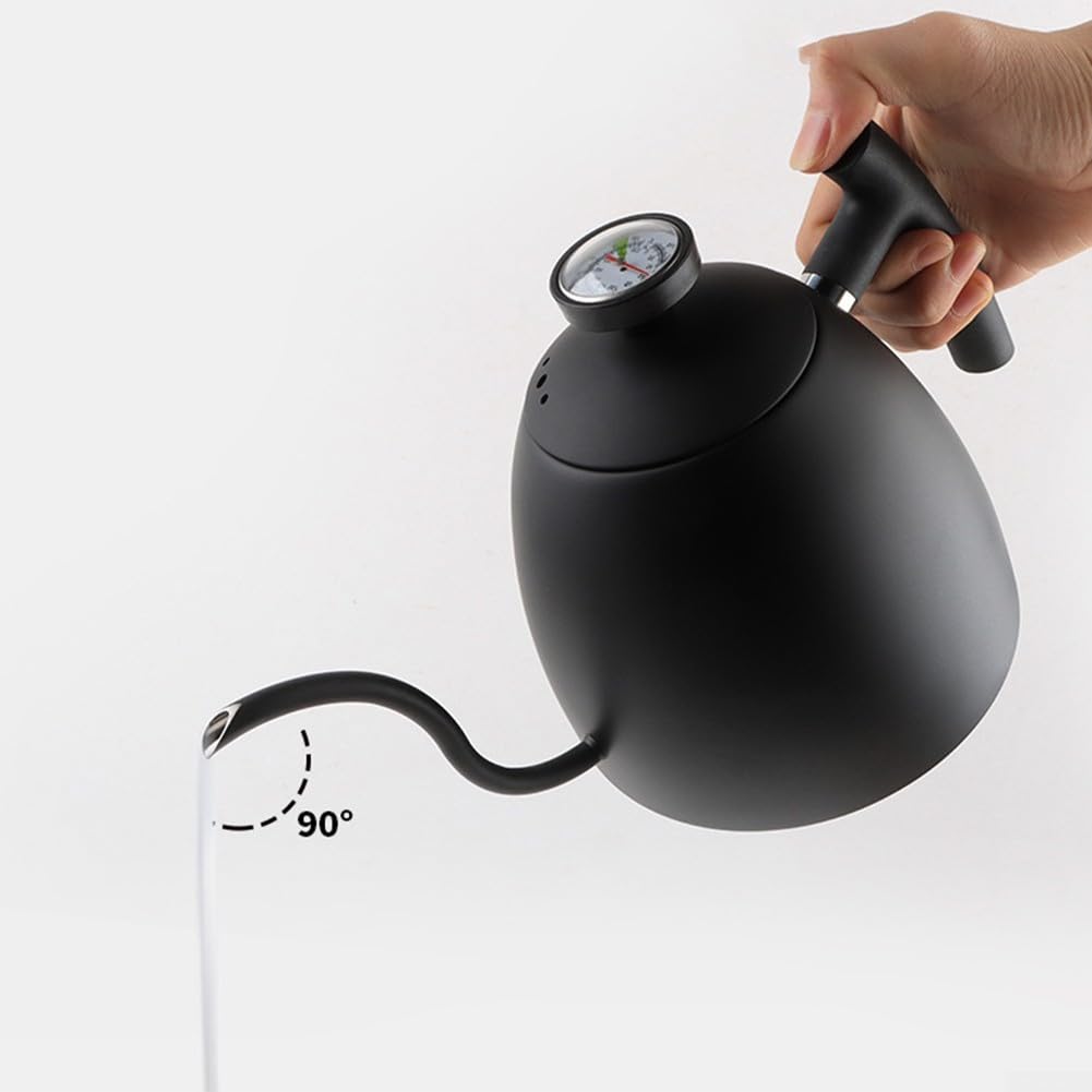Hervidor de café Pourover de 1500 ml con boquilla de cuello de cisne, mango de madera, diseño de acero inoxidable para una salida de agua precisa y una preparación de café consistente (negro con