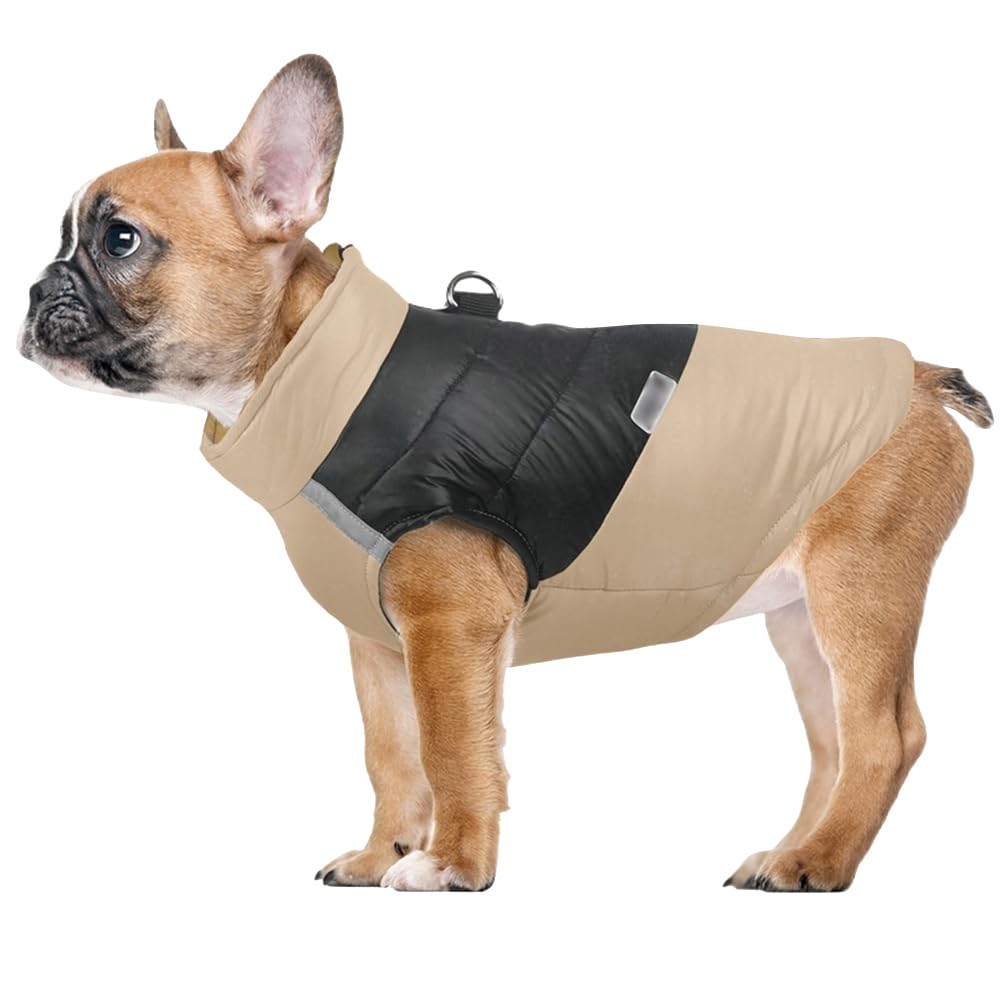 Dog Winter Coat Waterproof Cold Weather Warm Puffer Jacket for Small Medium Large Dogs Cozy Puppy Vest with Reflective D-ring Zip Up Pet Outdoor Clothes,Khaki,XL