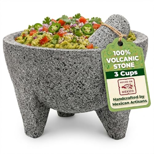 Molcajete 7 in Mexican, Handmade with Natural Volcanic Stone, Artisanal Kitchen Utensil for Grinding with Pores for Crushing, Specially Designed for Grinding Spices, Sauces, and Guacamole