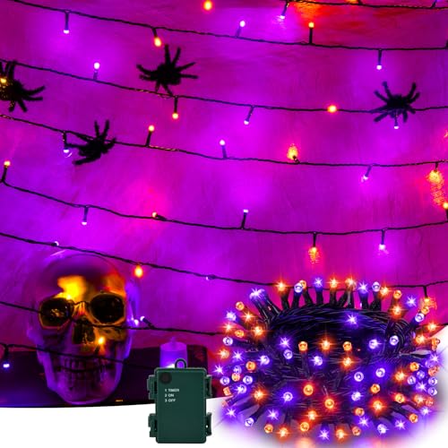 Etopgo Halloween Deko Lichterkette, 5M 50LED Orange Lila Lichterketten Batterie mit Timer, IP65 Wasserdicht Halloween Dekorationen Outdoor für Innen Außen, Party, Garten